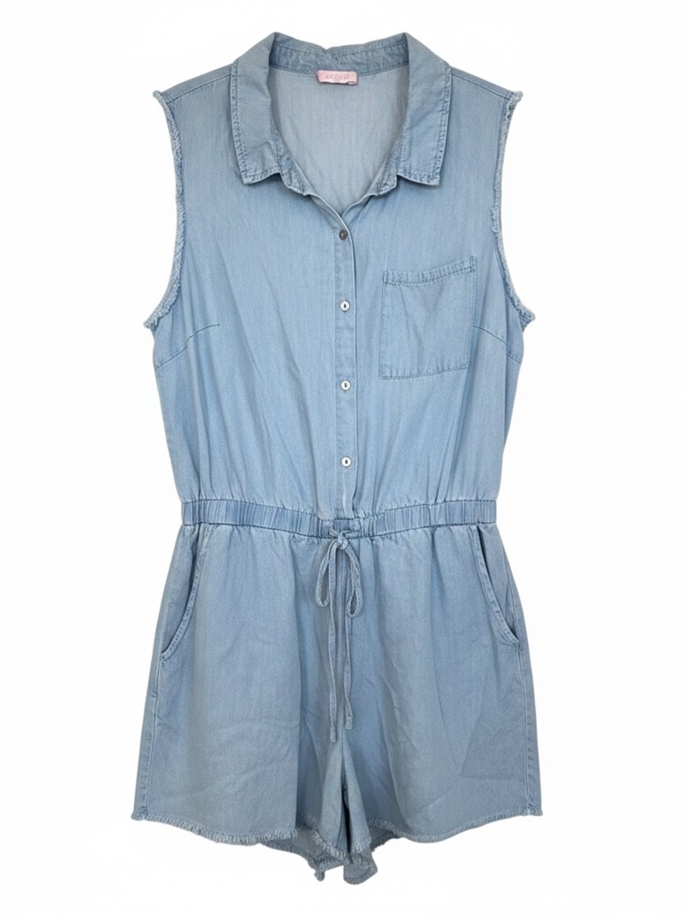 Sleeveless Light Blue Denim Romper with Drawstring Waist from Pink Lily- PLC